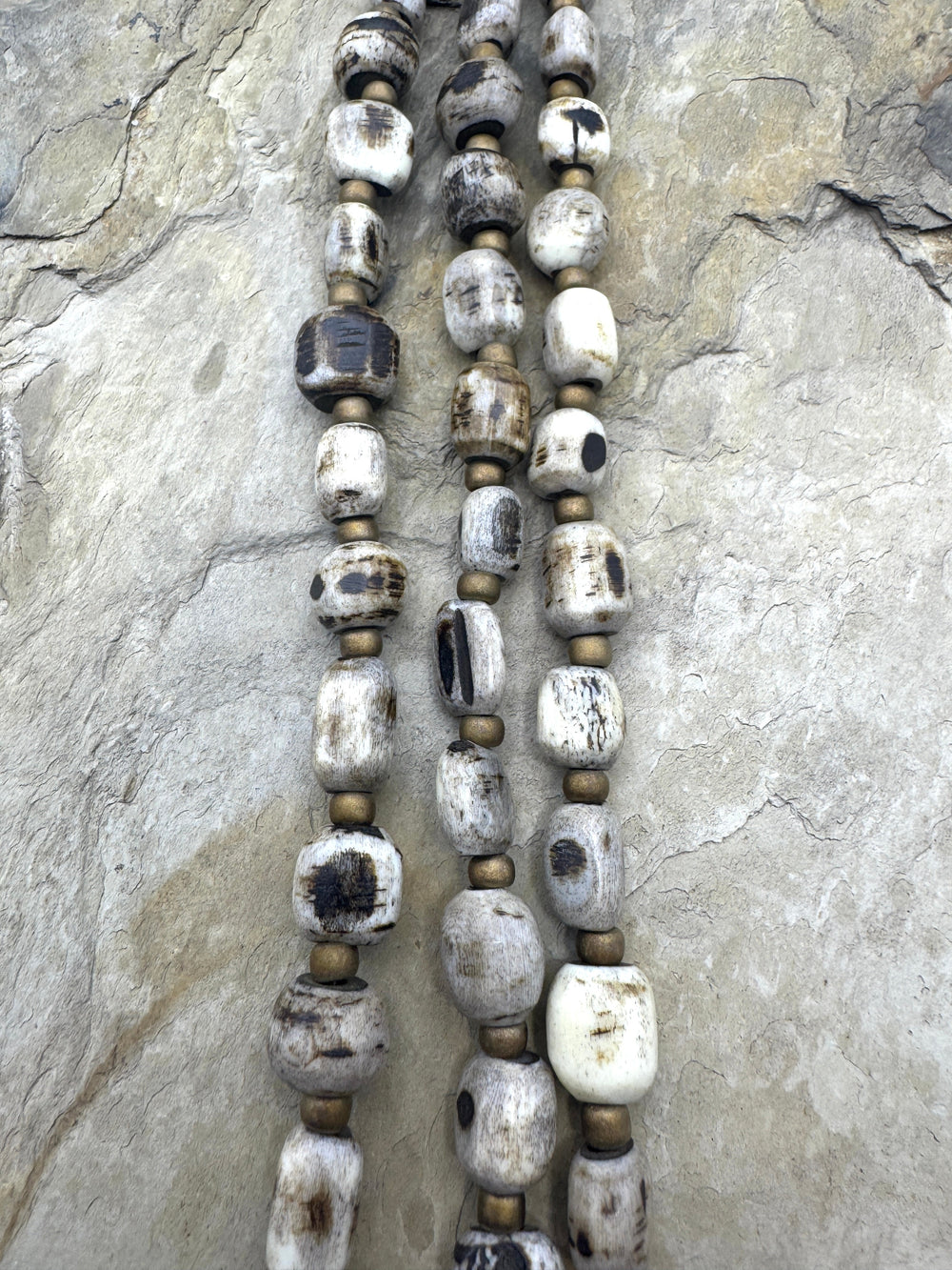 Burned Buffalo Bone and Bronze Designer Bead Strand 20 inch