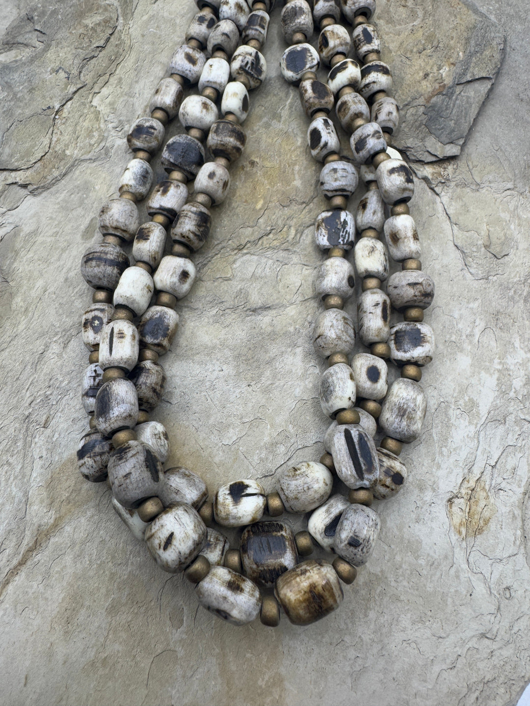 Burned Buffalo Bone and Bronze Designer Bead Strand 20 inch