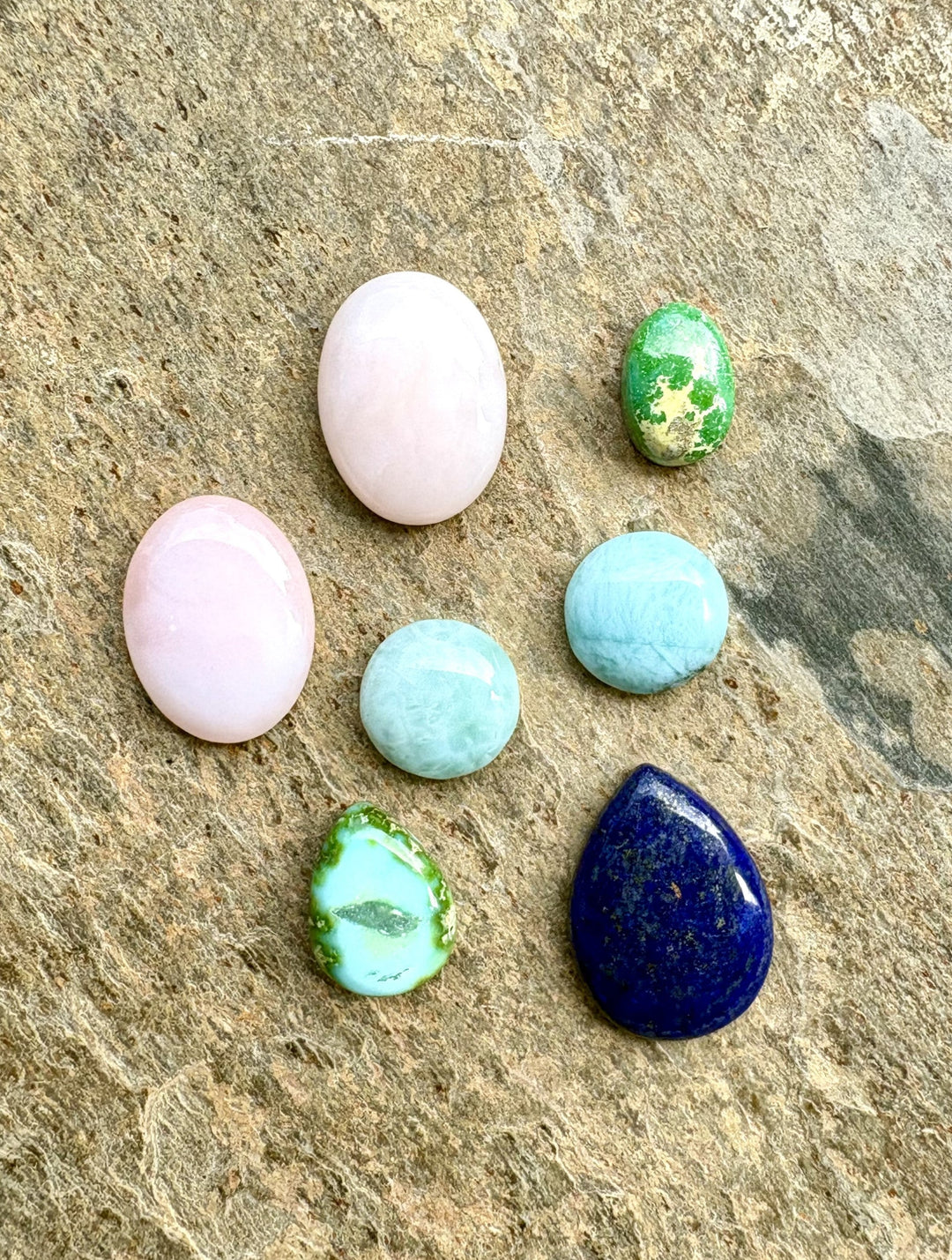 CLOSEOUT LOT 7 Cabochons Pink Opal Larimar and Lapis