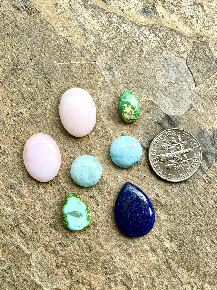 CLOSEOUT LOT 7 Cabochons Pink Opal Larimar and Lapis