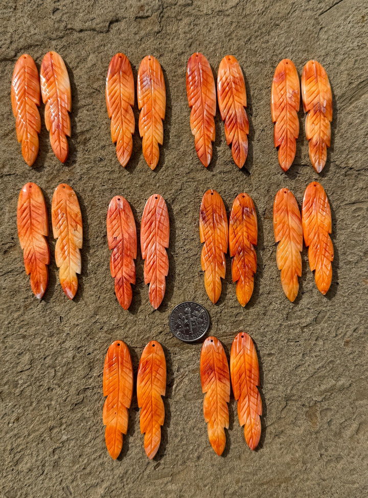 High Quality Orange Spiny Oyster Carved Feather Bead Pair