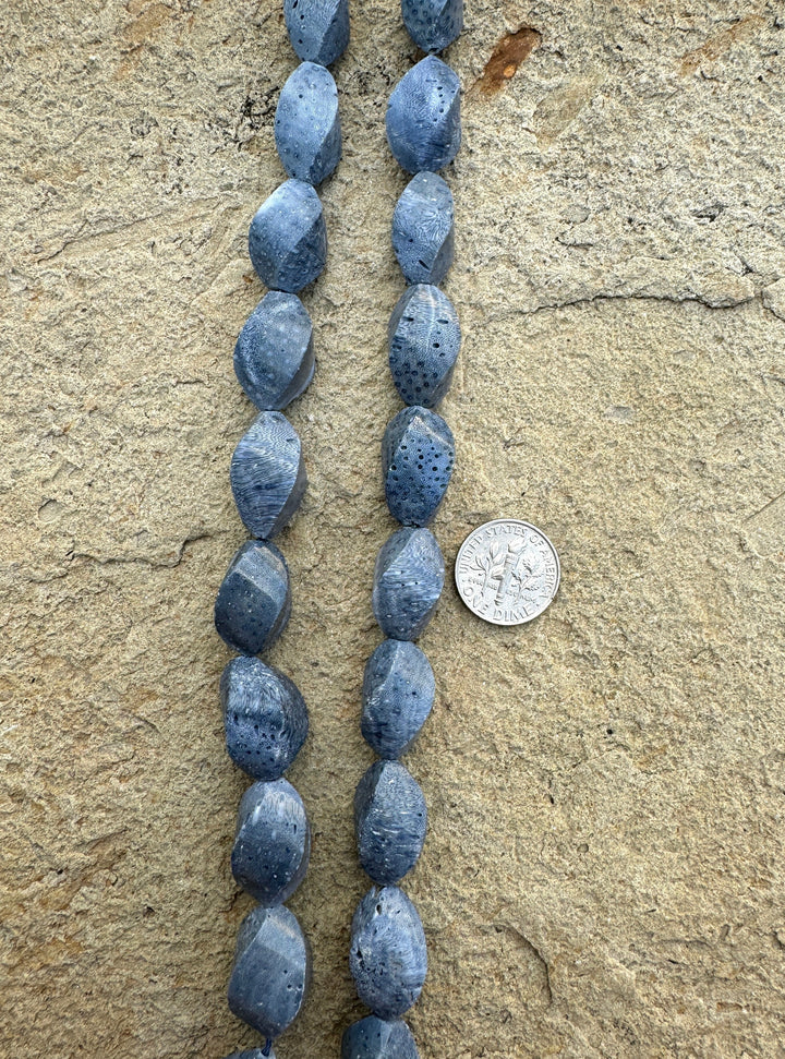 Natural Blue Sponge Coral Twist 12x20mm Beads 8 inch