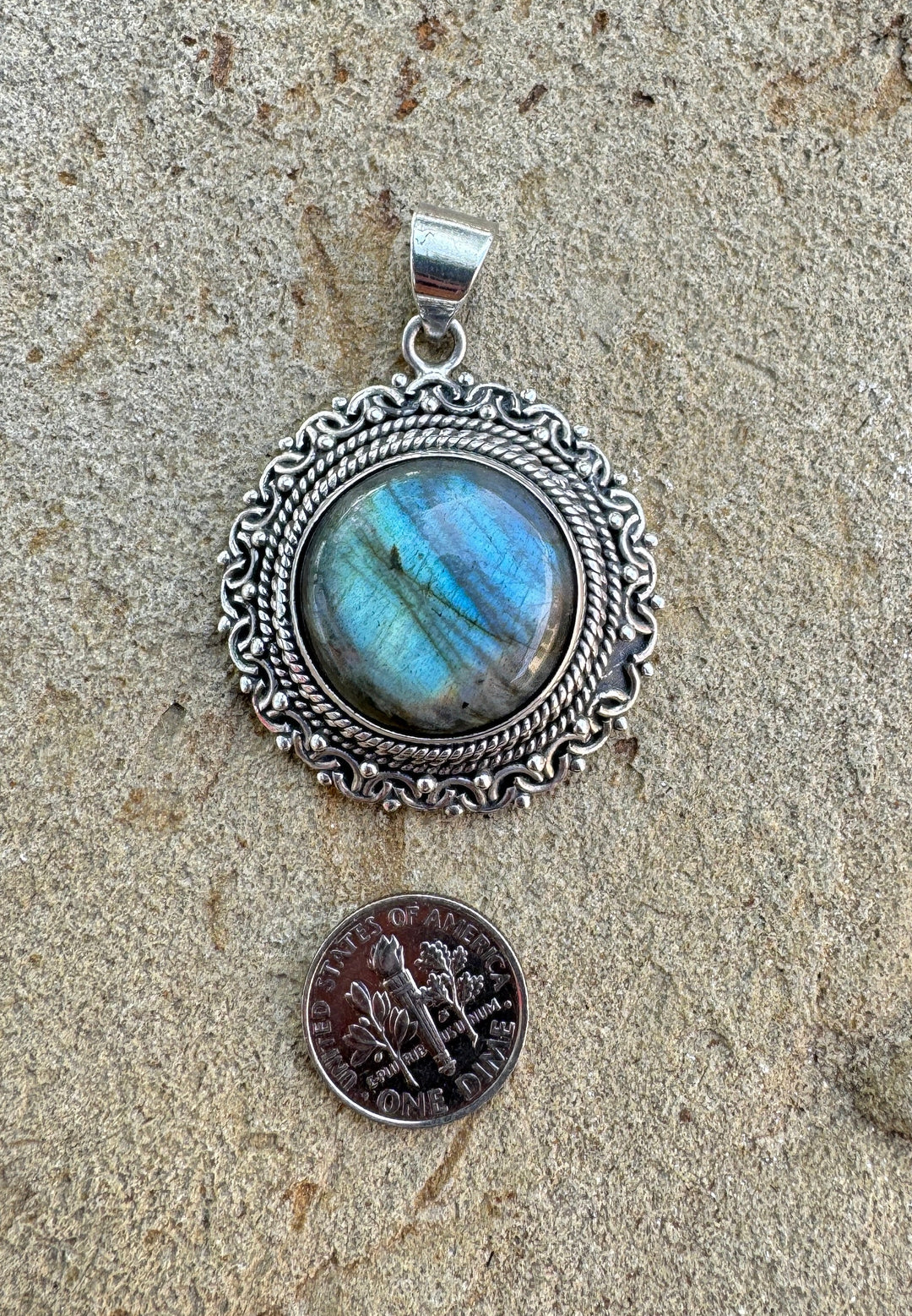 Oxidized Sterling Silver and Turquoise Feather Pendant 35mm