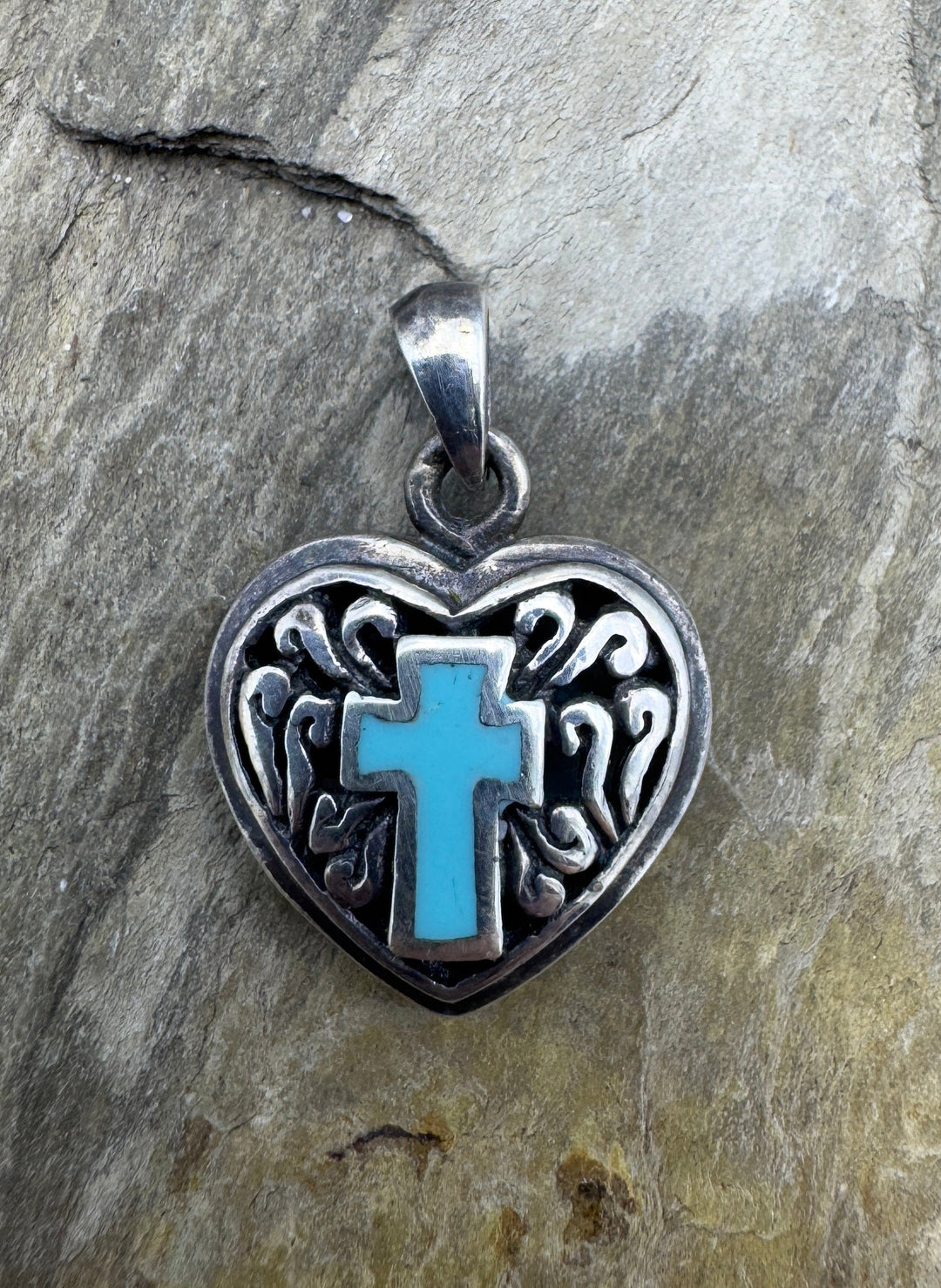 Oxidized Sterling Silver Double Sided Turquoise Heart