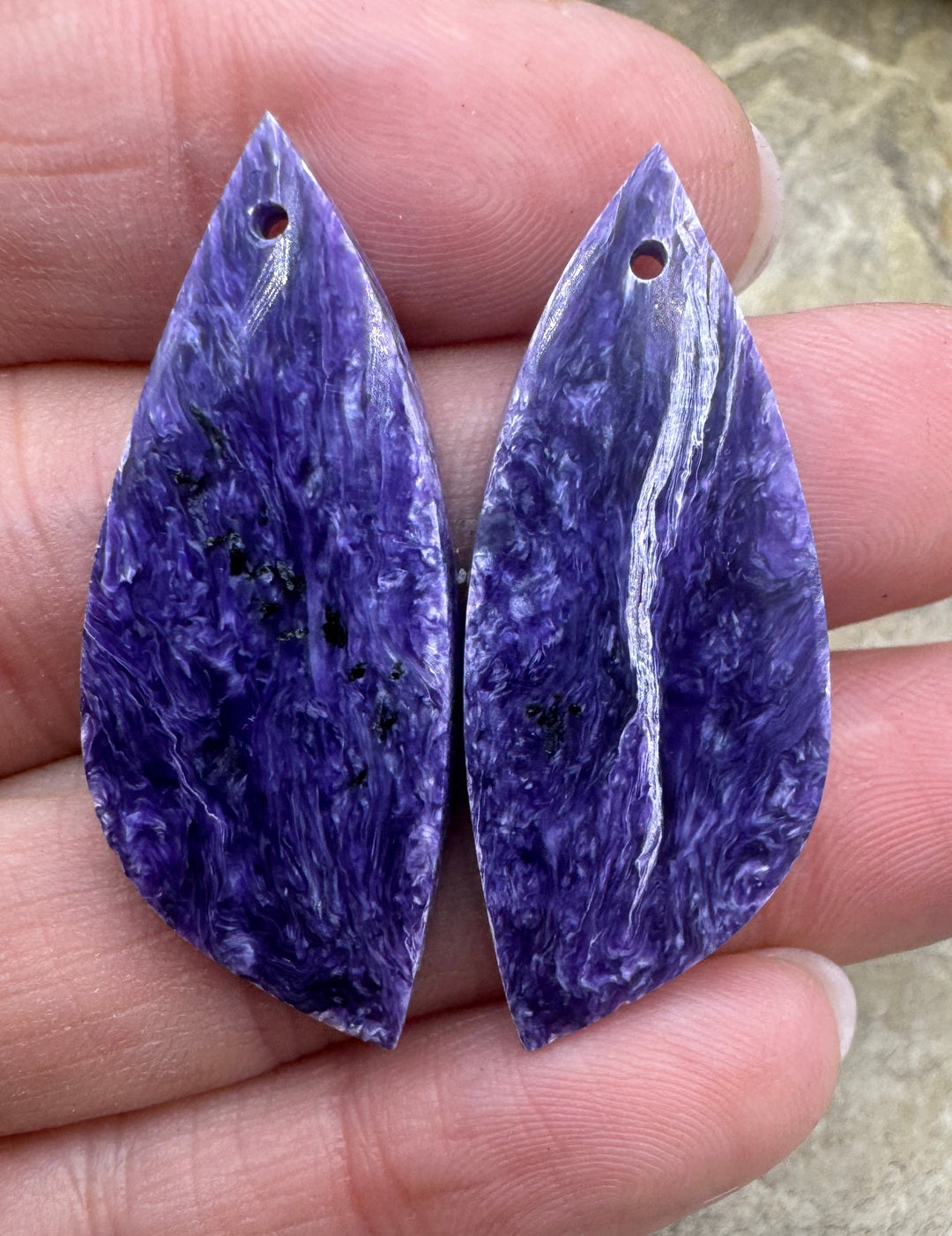 Premium Color Charoite BIG Matching Earring Slab Bead Pair