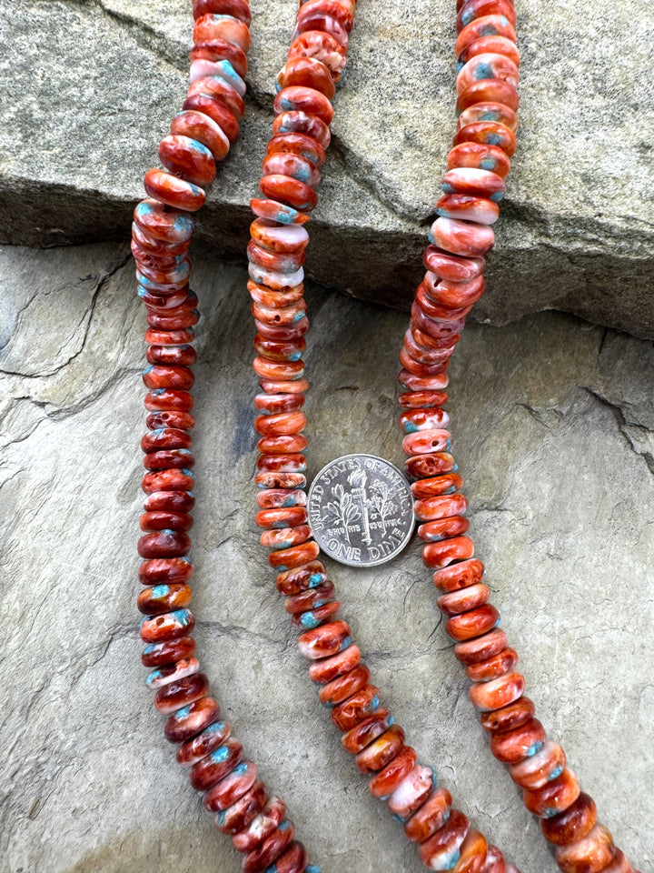 Red Rust Spiny Oyster with Turquoise Inlay Rondell Strand