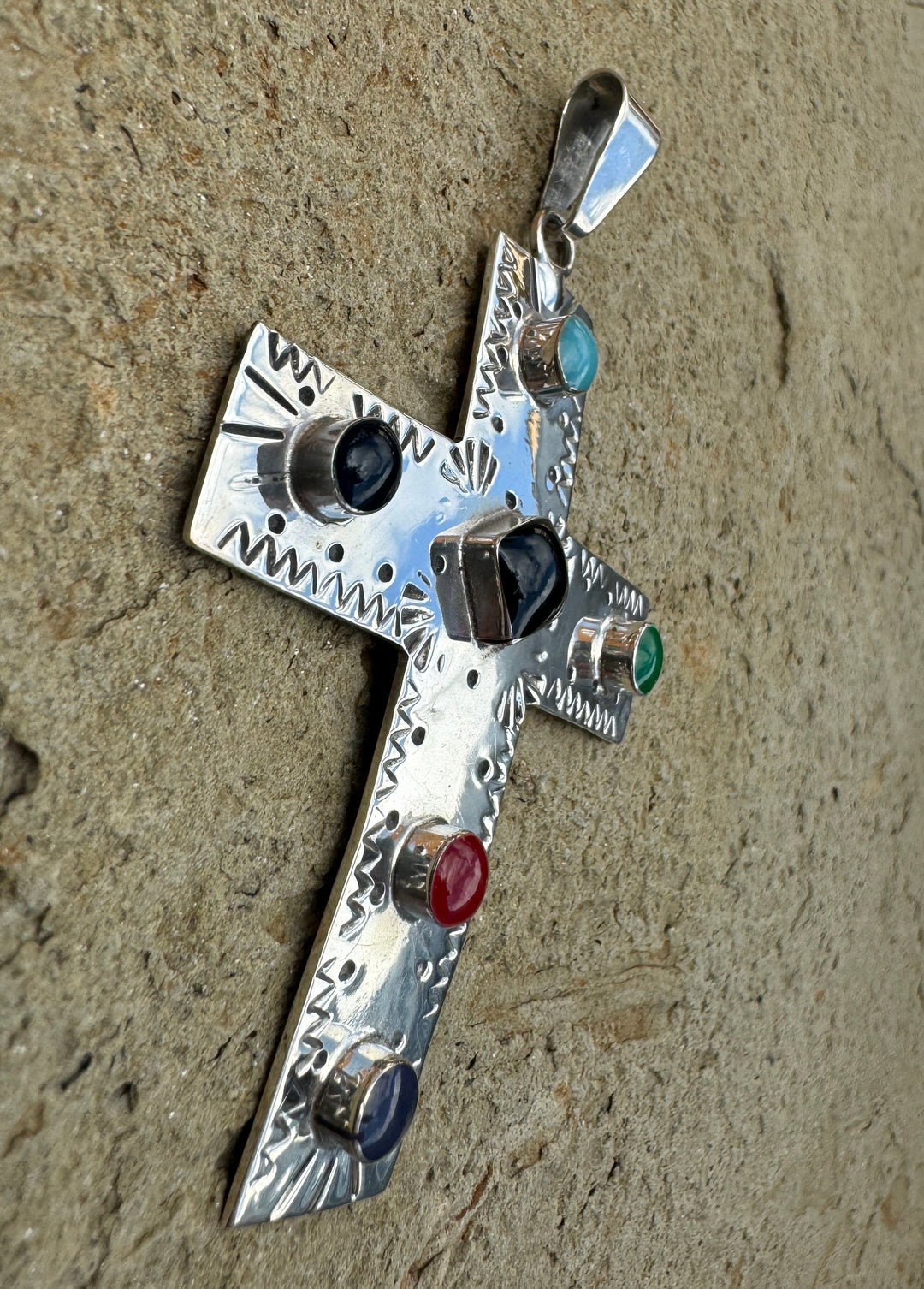 Sterling Silver Cross Pendant with mixed Stones 54x70mm