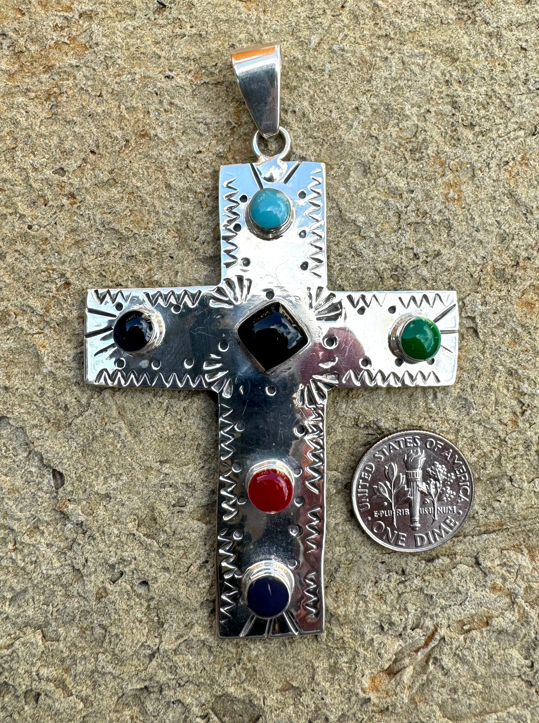 Sterling Silver Cross Pendant with mixed Stones 54x70mm