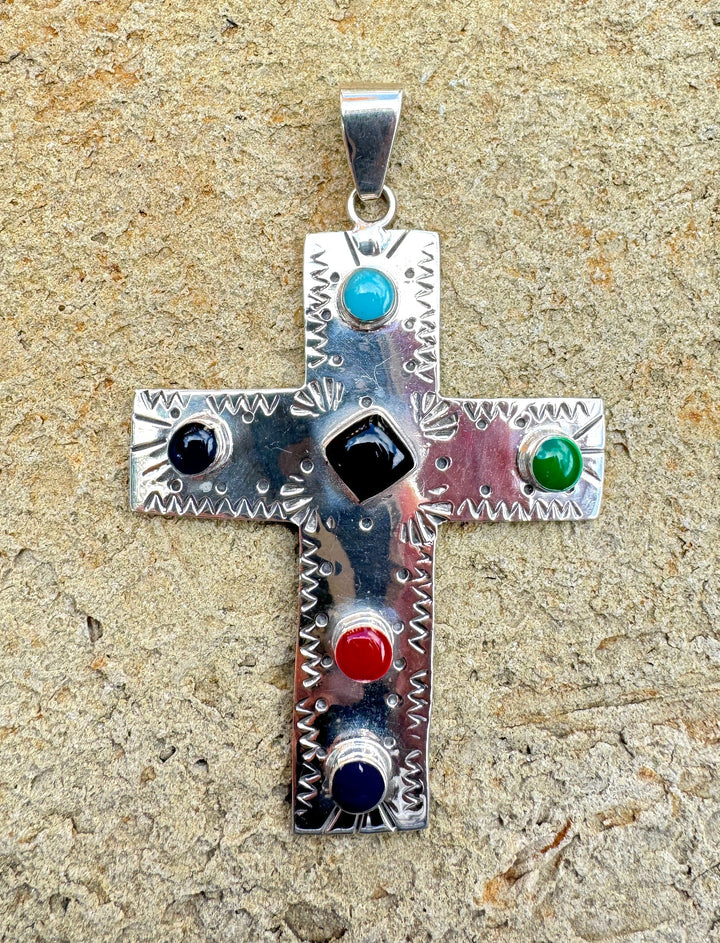 Sterling Silver Cross Pendant with mixed Stones 54x70mm