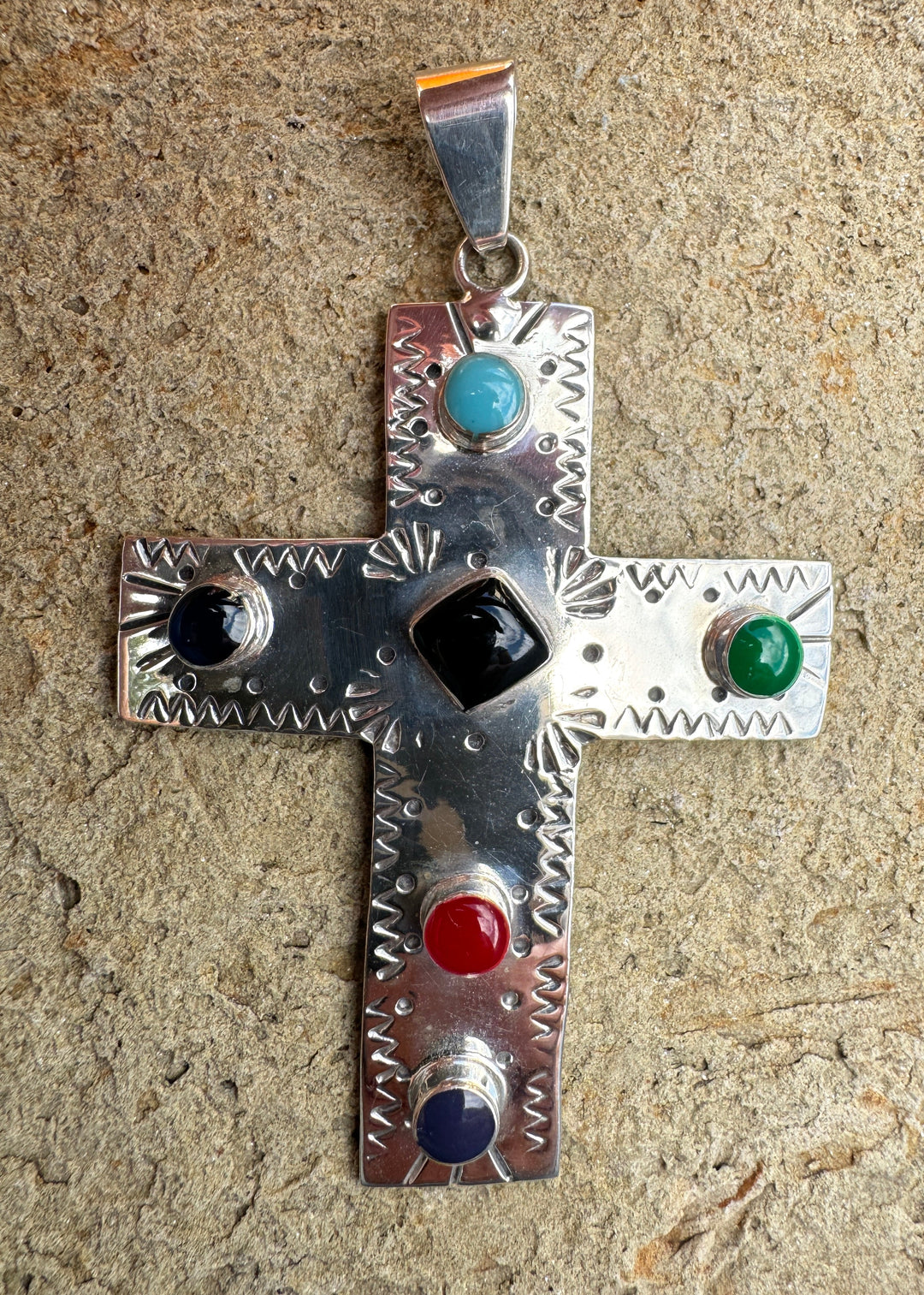 Sterling Silver Cross Pendant with mixed Stones 54x70mm