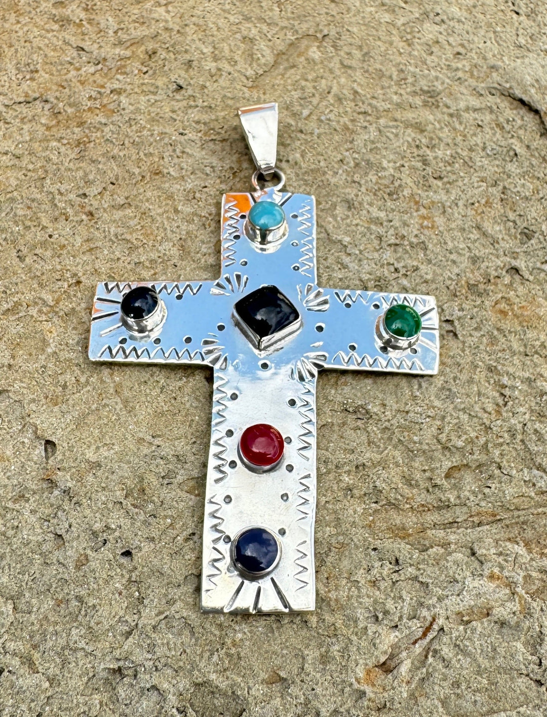 Sterling Silver Cross Pendant with mixed Stones 54x70mm